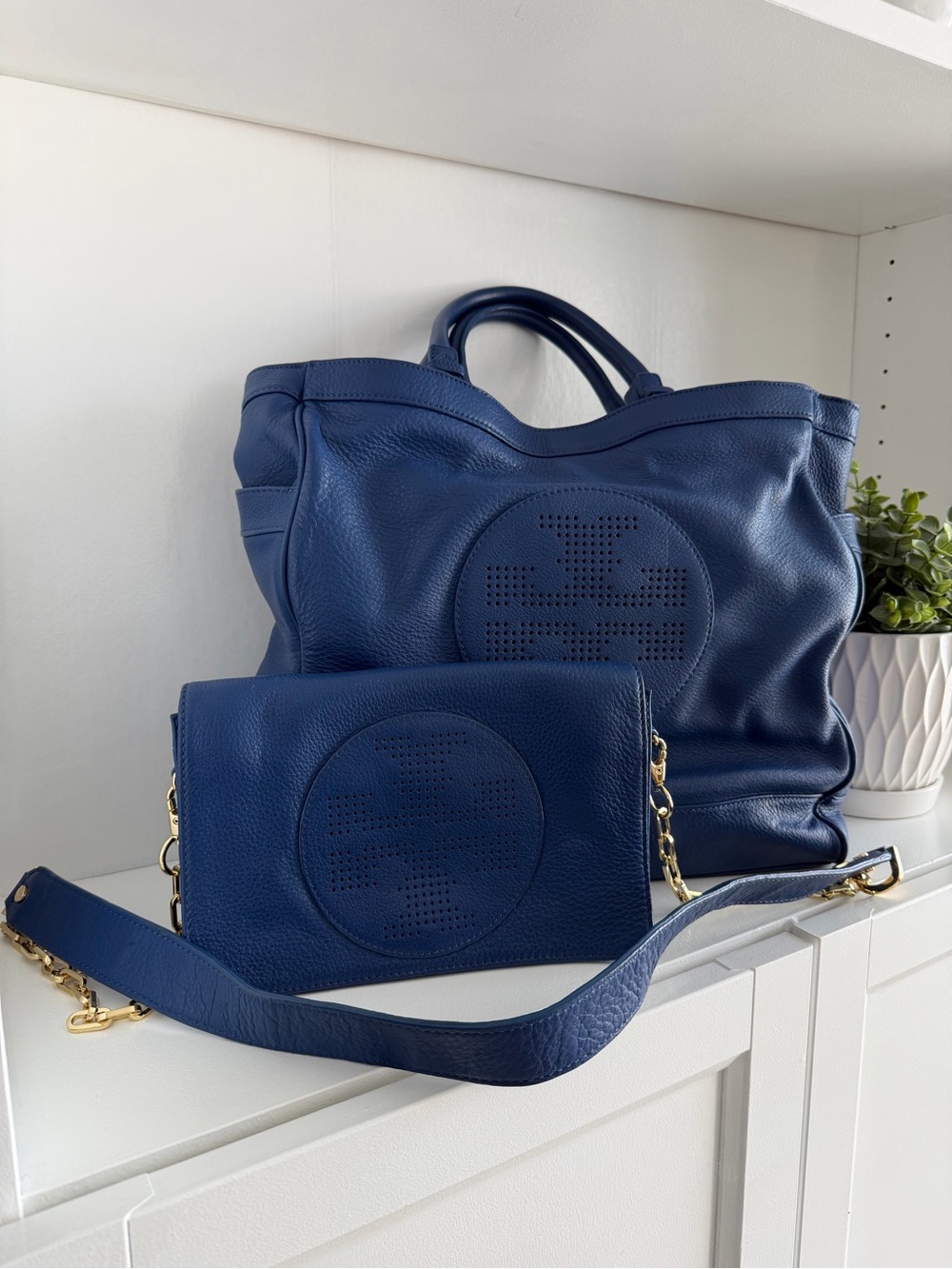 Tory Burch Perforated Pebble Leather Cross Body Purse and Tote/Computer bag Set.